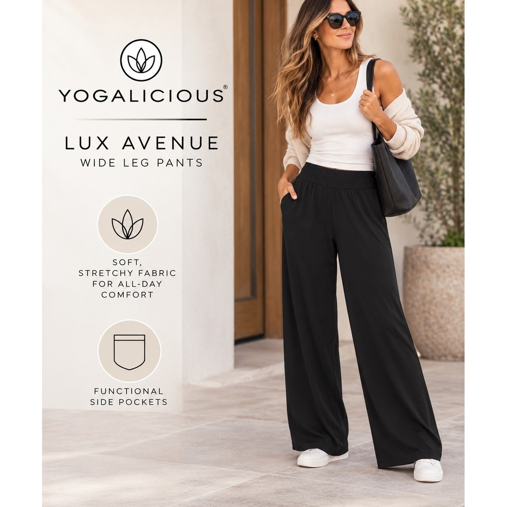 Yogalicious Lux Avenue Wide Leg Pant Women Large Black Elastic Waist Pockets